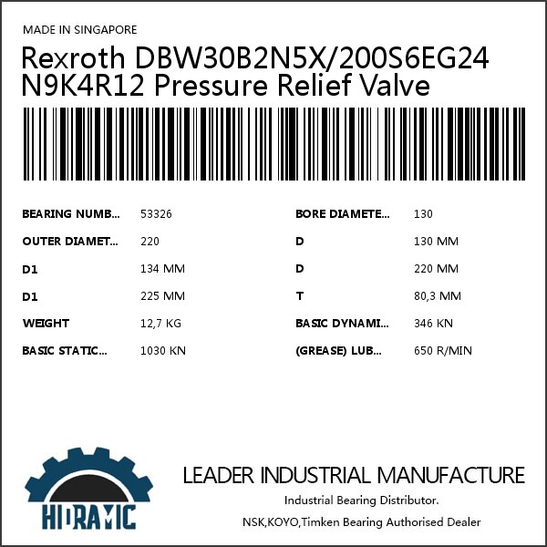 Rexroth DBW30B2N5X/200S6EG24N9K4R12 Pressure Relief Valve