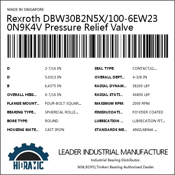 Rexroth DBW30B2N5X/100-6EW230N9K4V Pressure Relief Valve