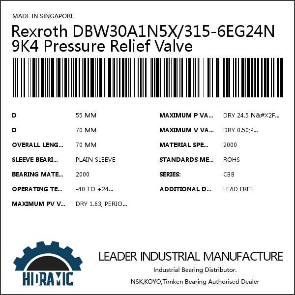 Rexroth DBW30A1N5X/315-6EG24N9K4 Pressure Relief Valve