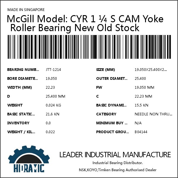 McGill Model: CYR 1 ¼ S CAM Yoke Roller Bearing New Old Stock