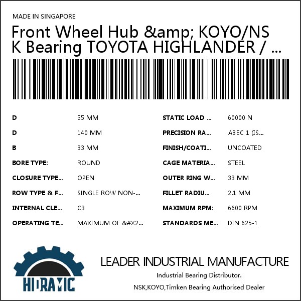 Front Wheel Hub &amp; KOYO/NSK Bearing TOYOTA HIGHLANDER / CAMRY