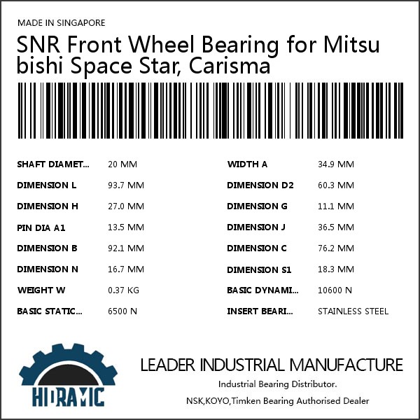 SNR Front Wheel Bearing for Mitsubishi Space Star, Carisma