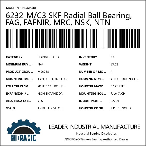 6232M/C3 SKF Radial Ball Bearing, FAG, FAFNIR, MRC, NSK, NTN Leader