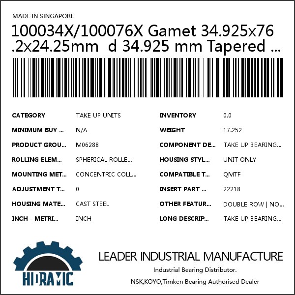 100034X/100076X Gamet 34.925x76.2x24.25mm  d 34.925 mm Tapered roller bearings