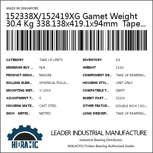 152338X/152419XG Gamet Weight 30.4 Kg 338.138x419.1x94mm  Tapered roller bearings