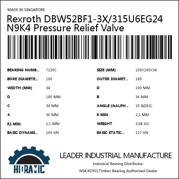 Rexroth DBW52BF1-3X/315U6EG24N9K4 Pressure Relief Valve