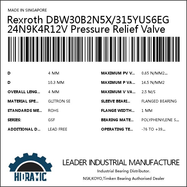Rexroth DBW30B2N5X/315YUS6EG24N9K4R12V Pressure Relief Valve