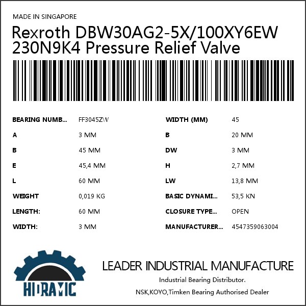 Rexroth DBW30AG2-5X/100XY6EW230N9K4 Pressure Relief Valve
