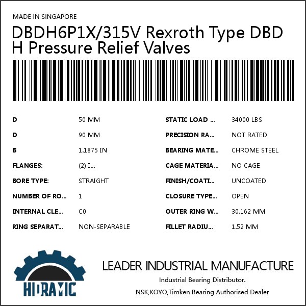 DBDH6P1X/315V Rexroth Type DBDH Pressure Relief Valves