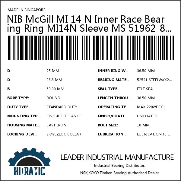 NIB McGill MI 14 N Inner Race Bearing Ring MI14N Sleeve MS 51962-8 MS519628 NEW