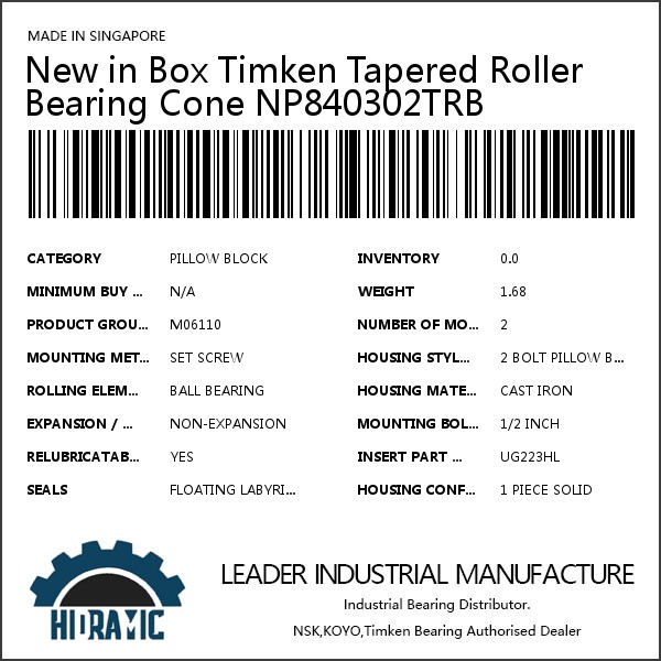 New in Box Timken Tapered Roller Bearing Cone NP840302TRB