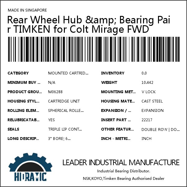 Rear Wheel Hub &amp; Bearing Pair TIMKEN for Colt Mirage FWD