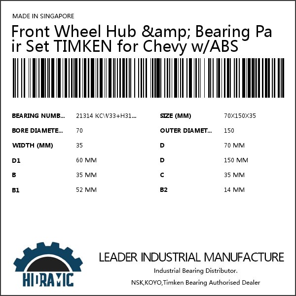 Front Wheel Hub &amp; Bearing Pair Set TIMKEN for Chevy w/ABS